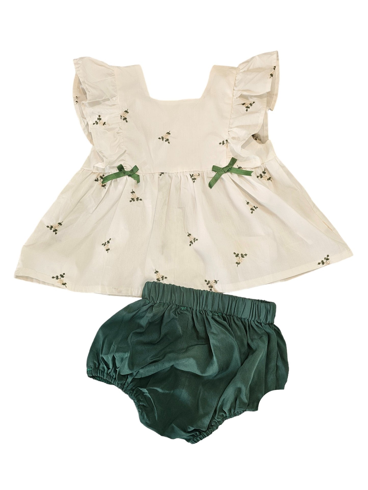 Conjunto 2 piezas blusón flores bordadas verdes