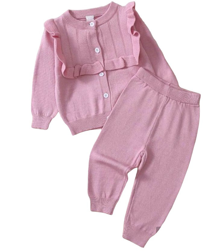 Conjunto de cárdigan rosa con fruncido