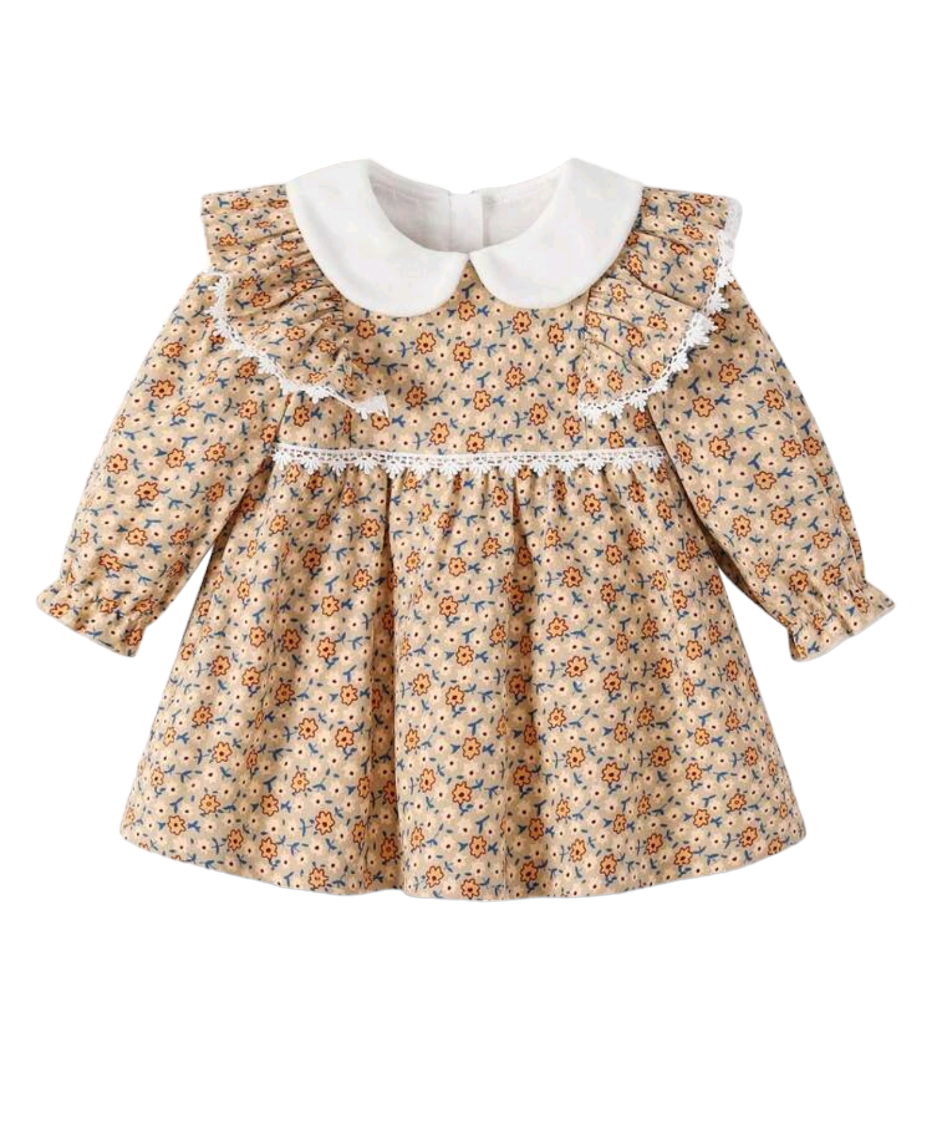 Vestido niña con estampado floral cuello terciopelo