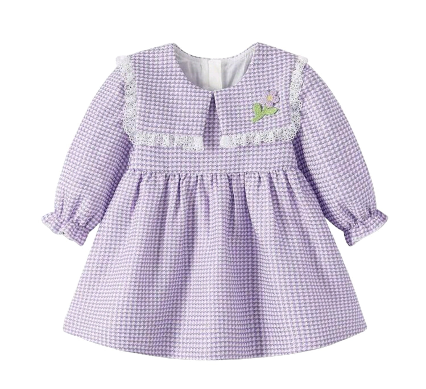 Vestido morado con estampado de guingán.