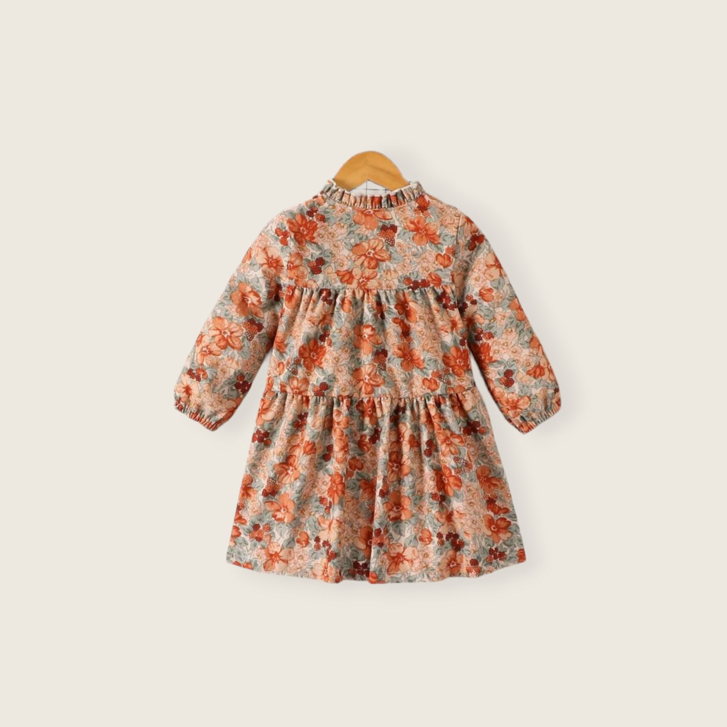 Vestido naranja floral cuello fruncido