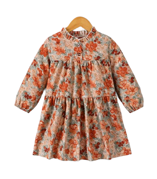 Vestido naranja floral cuello fruncido